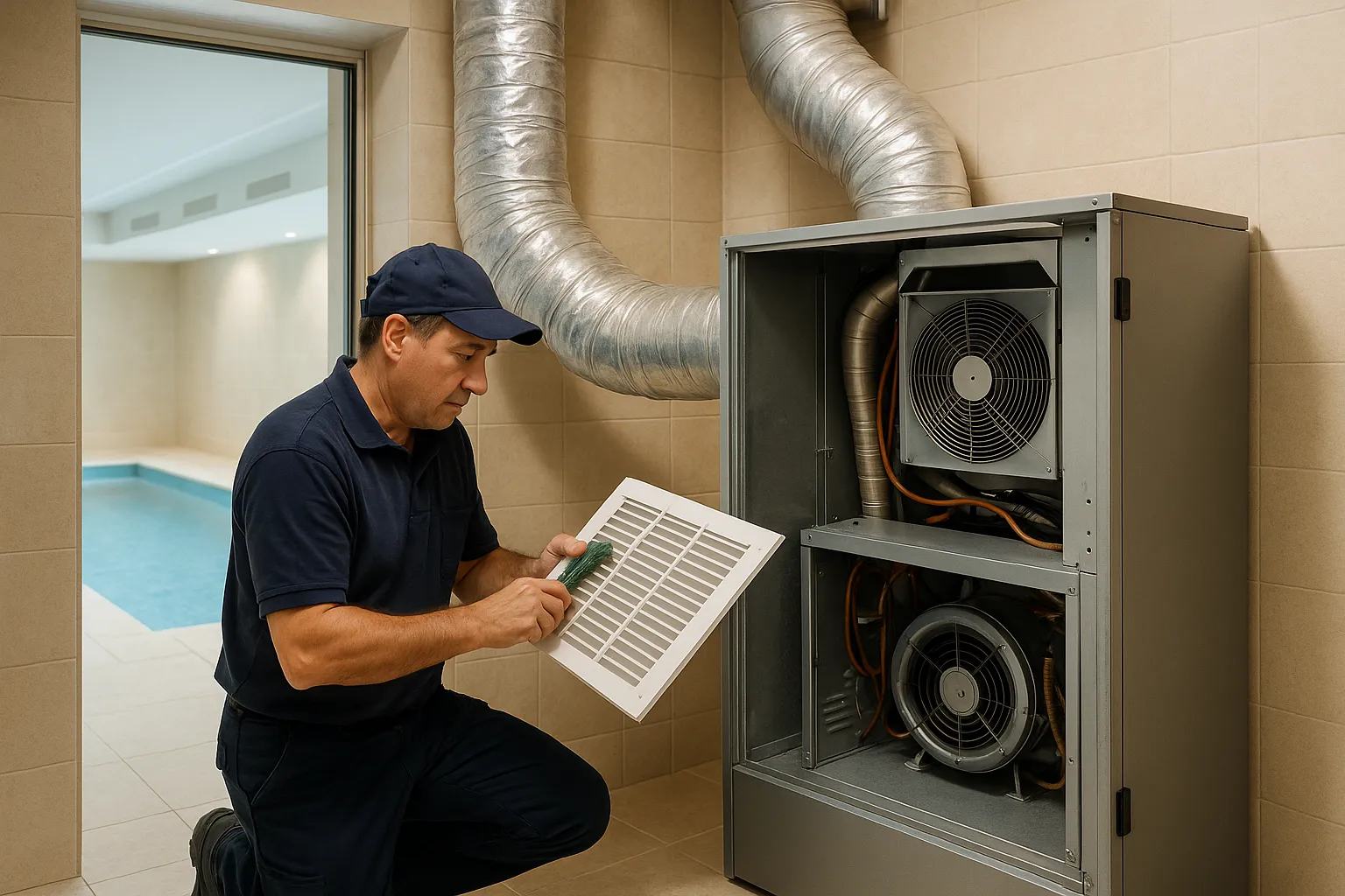 entretien déshumidificateur double flux, nettoyage échangeur chaleur piscine, contrôle circuit frigorifique bassin, maintenance ventilation piscine 77