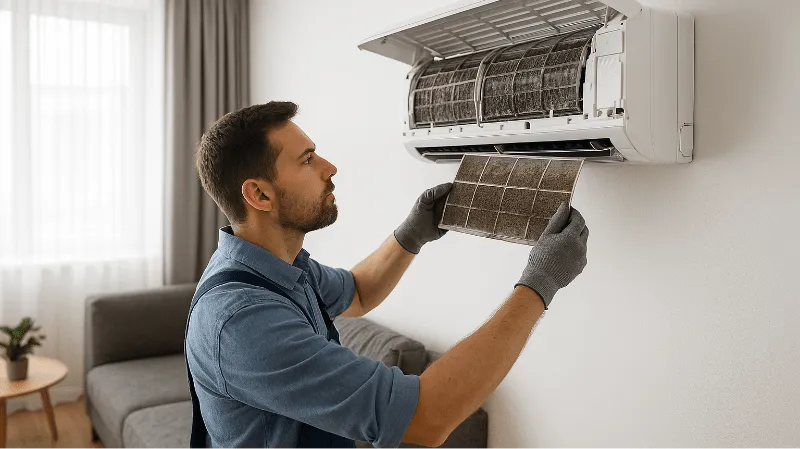 Homme nettoyant un climatiseur mural.