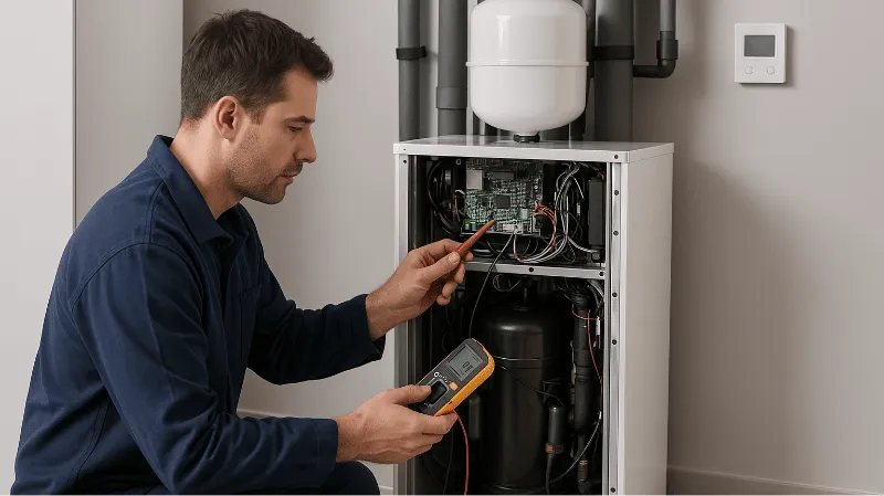 Technicien vérifiant les circuits d'une chaudière moderne.