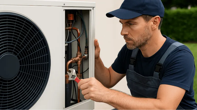 Technicien répare unité climatisation extérieure avec clé.