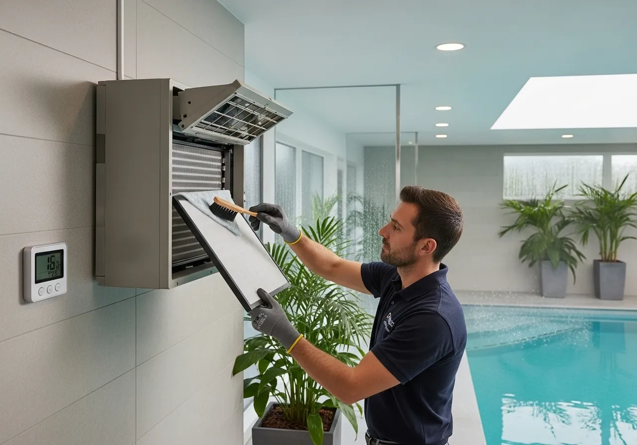 entretien déshumidificateur mural, nettoyage filtre déshumidificateur piscine, vérification évacuation condensats, maintenance bassin intérieur 77