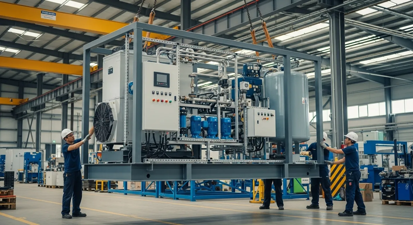 installation skid frigorifique, groupe froid sur châssis, solution plug and play froid, préfabriqué industriel eau glacée, pose rapide groupe froid 77