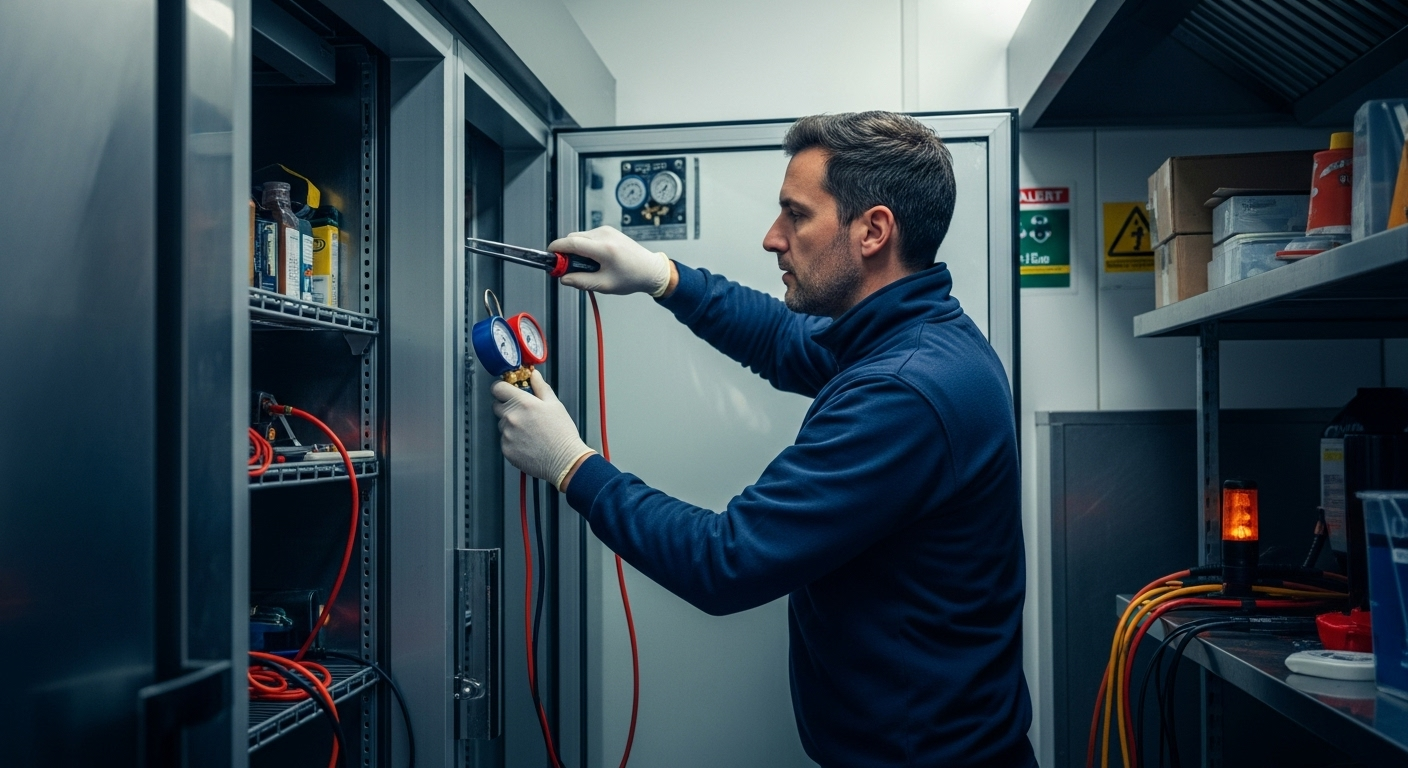 Technicien vérifie équipement réfrigérant avec manomètre.