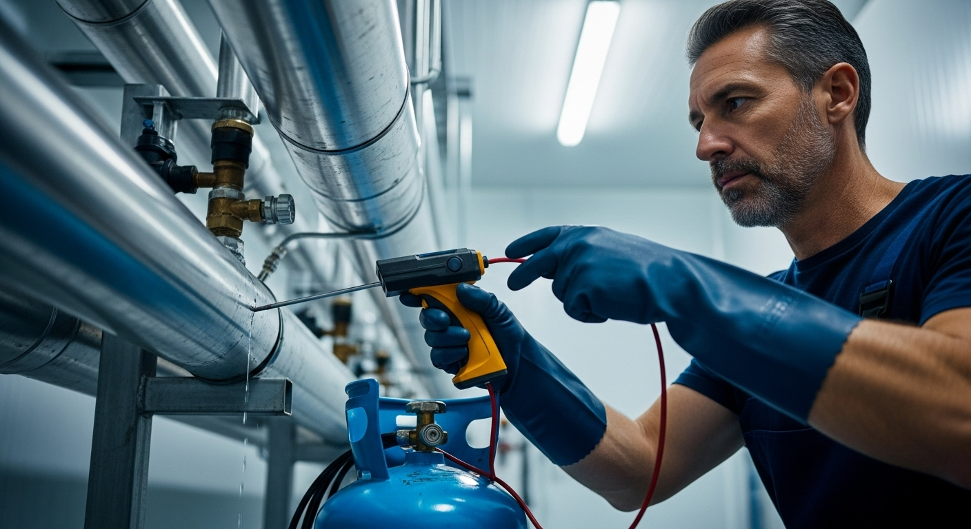 Technicien vérifiant les tuyaux avec un outil.