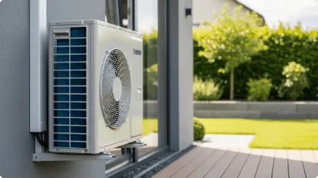 Climatisation extérieure moderne dans un jardin.