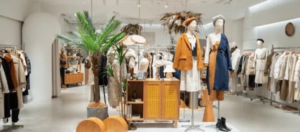 Boutique de mode avec vêtements et mannequins.