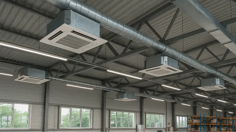 Système de climatisation industrielle au plafond.